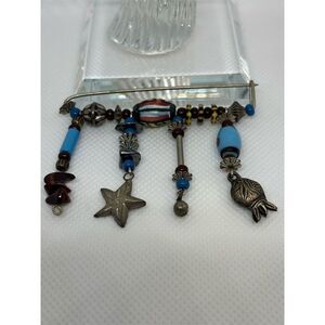 Handmade Beaded Kilt Pin Style Brooch with Unique Charms and Colorful Beads